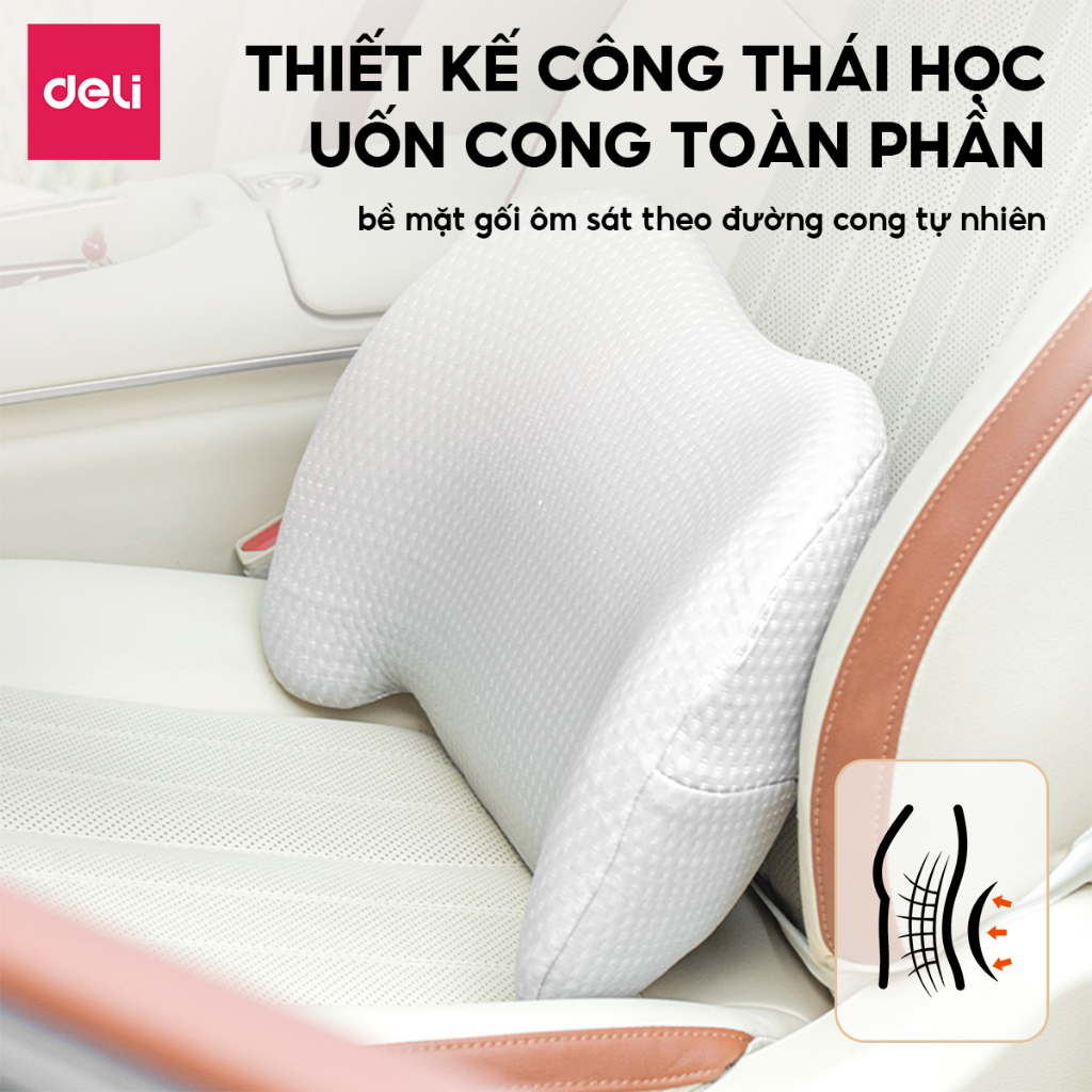 Set đệm lưng tựa đầu xe hơi Deli chống mỏi cổ, giảm đau vai gáy, cao su non cao cấp, dễ dàng tháo vệ sinh