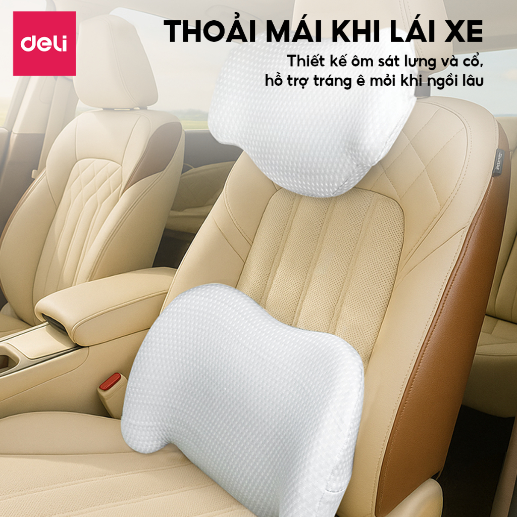 Set đệm lưng tựa đầu xe hơi Deli chống mỏi cổ, giảm đau vai gáy, cao su non cao cấp, dễ dàng tháo vệ sinh