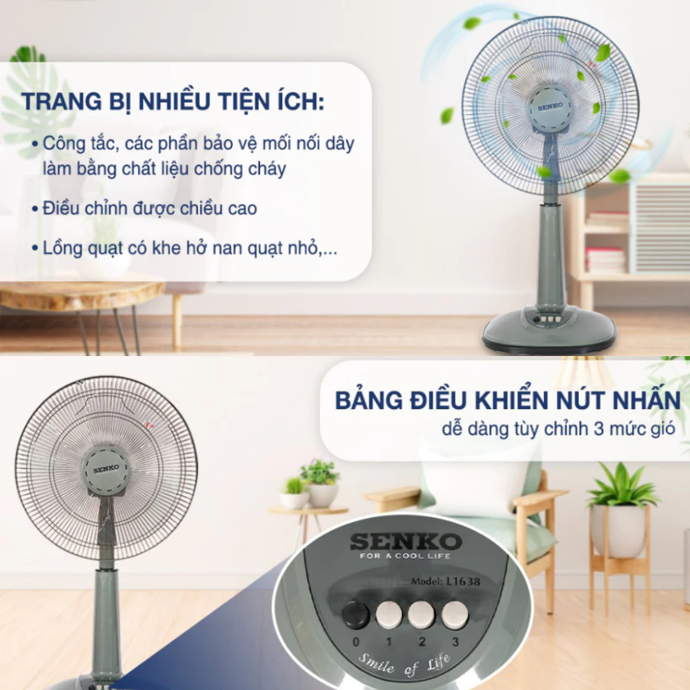 Quạt Điện Đứng Senko L1638 Chính Hãng Với 3 Mức Tốc Độ Gió, Tiếng Ồn Nhỏ, Lõi Đồng, An Toàn Sử Dụng