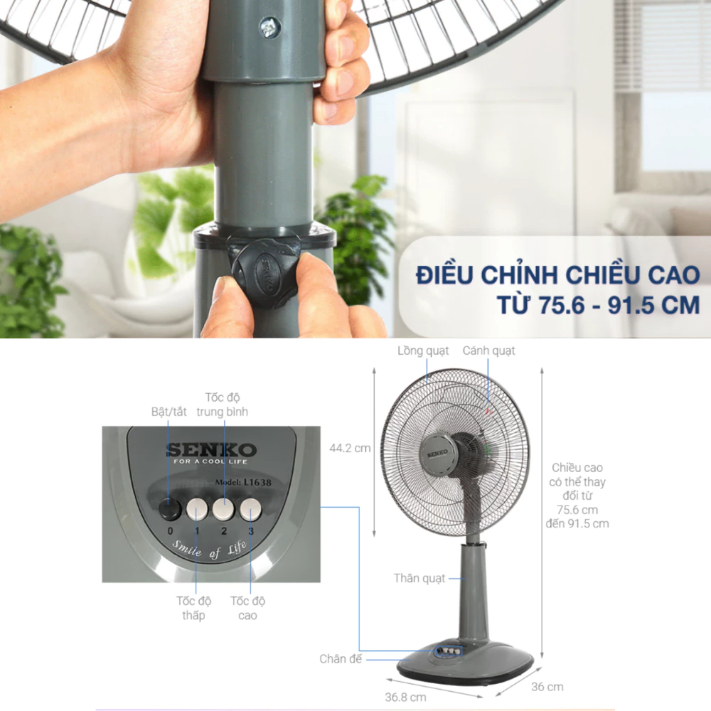 Quạt Điện Đứng Senko L1638 Chính Hãng Với 3 Mức Tốc Độ Gió, Tiếng Ồn Nhỏ, Lõi Đồng, An Toàn Sử Dụng