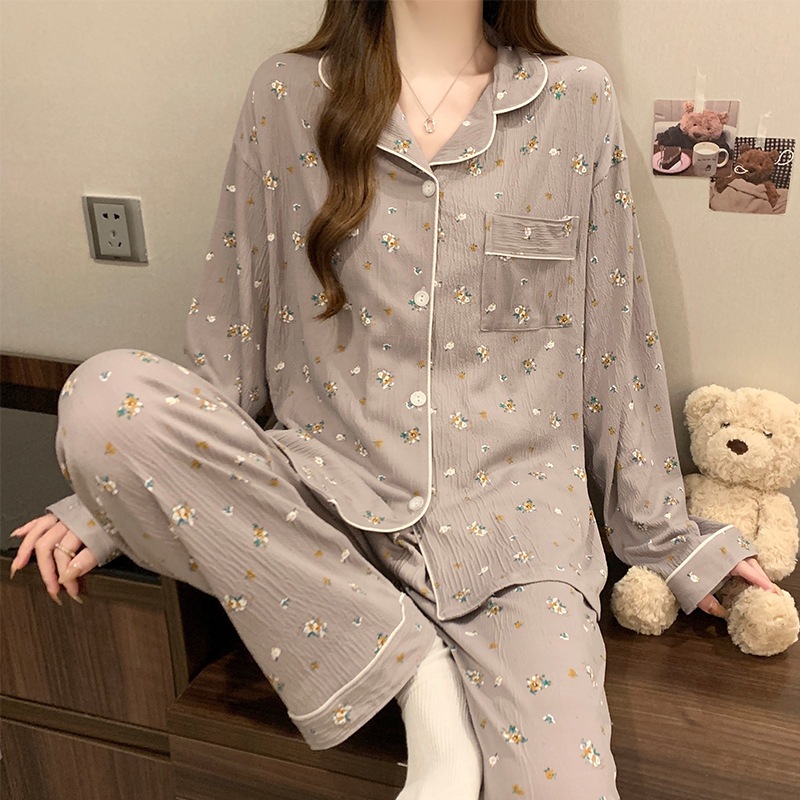 [Oder] Bộ đồ ngủ cotton mùa xuân cô gái ngọt ngào sọc dài tay phong cách Hàn Quốc, bộ đồ mặc nhà