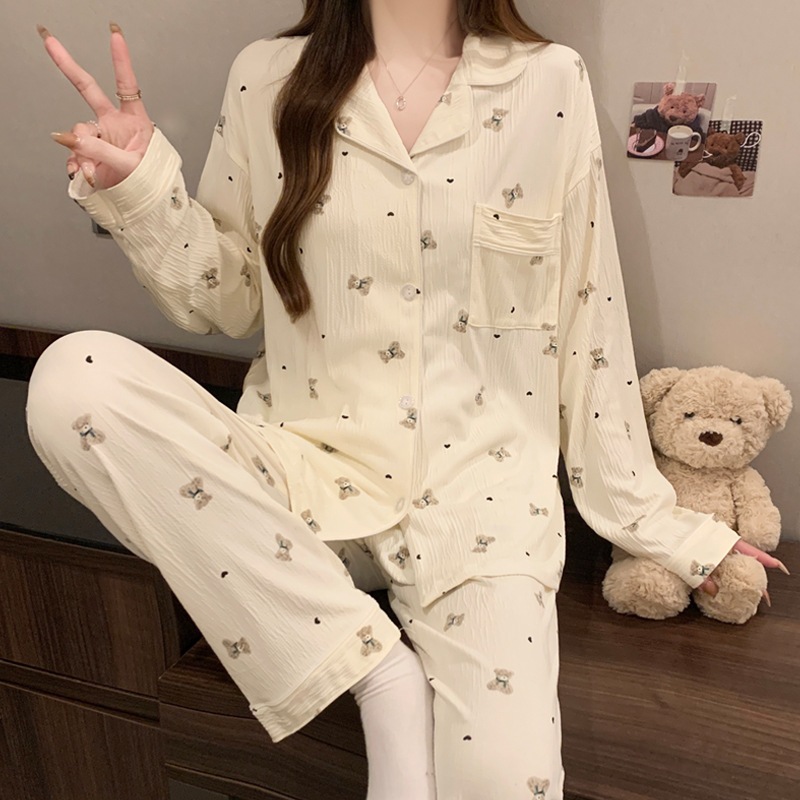 [Oder] Bộ đồ ngủ cotton mùa xuân cô gái ngọt ngào sọc dài tay phong cách Hàn Quốc, bộ đồ mặc nhà