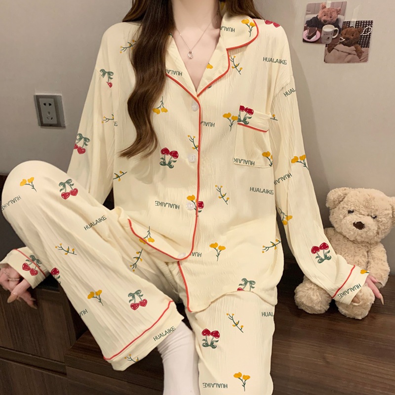 [Oder] Bộ đồ ngủ cotton mùa xuân cô gái ngọt ngào sọc dài tay phong cách Hàn Quốc, bộ đồ mặc nhà