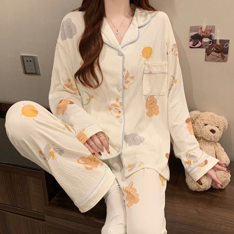 [Oder- Không có sẵn] Bộ đồ ngủ mùa xuân nữ dài tay, phong cách Hàn Quốc giản dị, bộ đồ mặc nhà