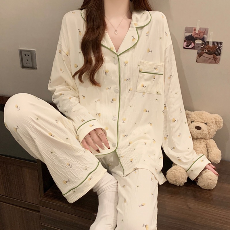 [Oder- Không có sẵn] Bộ đồ ngủ mùa xuân nữ dài tay, phong cách Hàn Quốc giản dị, bộ đồ mặc nhà