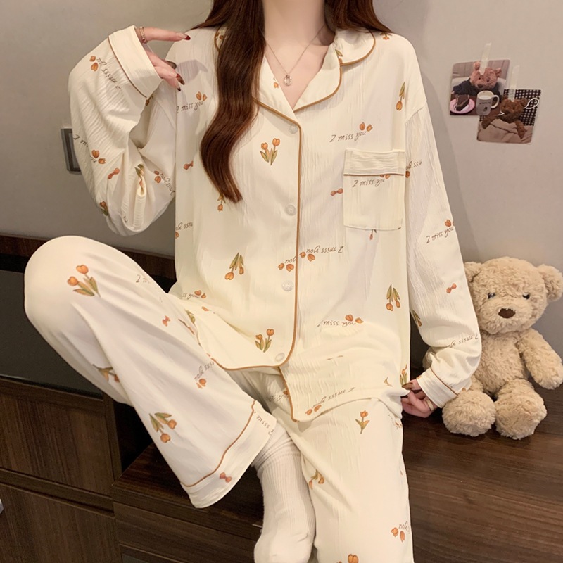 [Oder- Không có sẵn] Bộ đồ ngủ mùa xuân nữ dài tay, phong cách Hàn Quốc giản dị, bộ đồ mặc nhà
