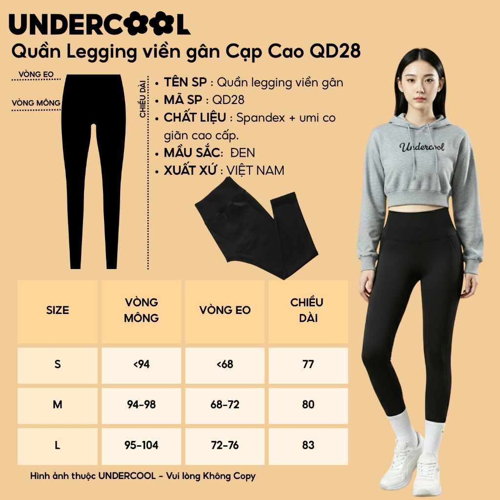 Quần Legging Dài UNDERCOOL Nữ Cạp Cao Gen Bụng Viền Gân Tập Gym Yoga Chất Liệu Su Đúc Định Hình Nâng Mông ,Live QD28