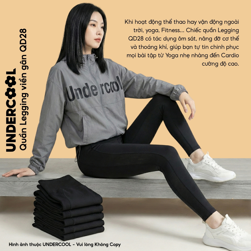 Quần Legging Dài UNDERCOOL Nữ Cạp Cao Gen Bụng Viền Gân Tập Gym Yoga Chất Liệu Su Đúc Định Hình Nâng Mông ,Live QD28