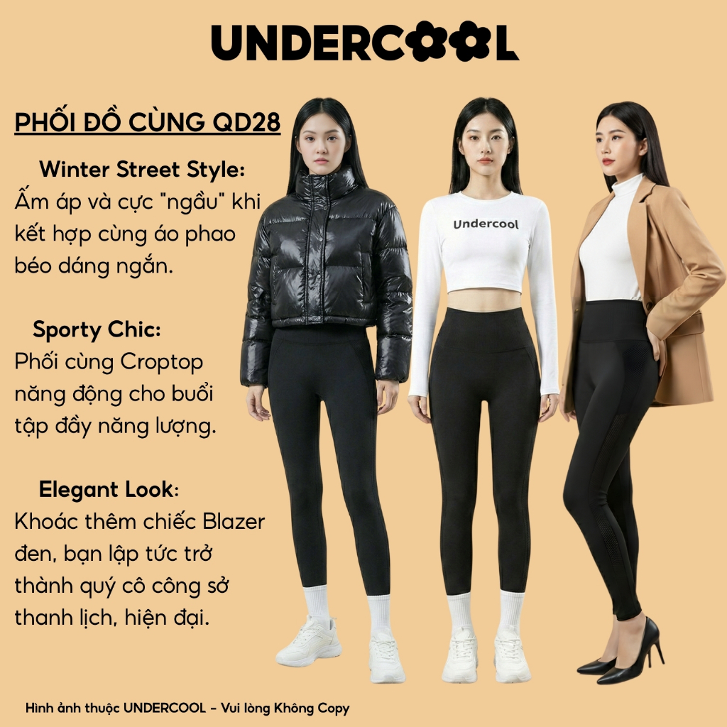 Quần Legging Dài UNDERCOOL Nữ Cạp Cao Gen Bụng Viền Gân Tập Gym Yoga Chất Liệu Su Đúc Định Hình Nâng Mông ,Live QD28