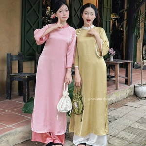 CÓ BIGSIZE - Áo dài lụa TĨNH HƯƠNG tay lỡ phối cúc bọc kèm quần lụa Satin AD229