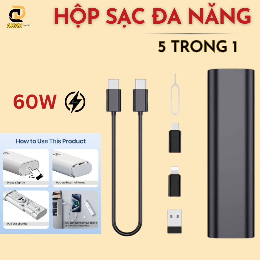 Bộ Cáp Sạc Nhanh Chuyển Đổi Cổng USB Type C Micro Truyền Dữ Liệu, Sạc 60W Đa Năng Nhỏ gọn