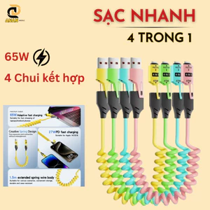Cáp Sạc Đa Năng 4 Trong 1 Dạng Lò Xo Co Giãn - Sạc Nhanh PD 27W & 65W Cho Android, Laptop, Máy tính bảng