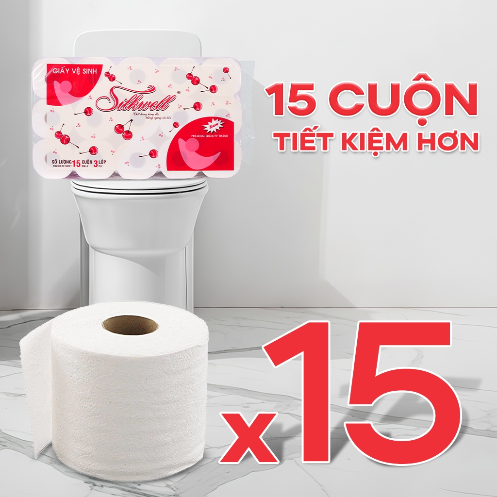 Giấy vệ sinh Silkwell Cherry 15 cuộn 3 lớp có lõi, chất giấy siêu dai, nềm mịn, an toàn tuyệt đối cho da