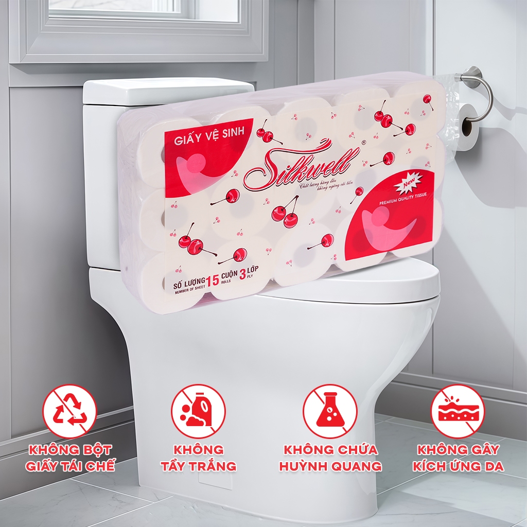 Giấy vệ sinh Silkwell Cherry 15 cuộn 3 lớp có lõi, chất giấy siêu dai, nềm mịn, an toàn tuyệt đối cho da