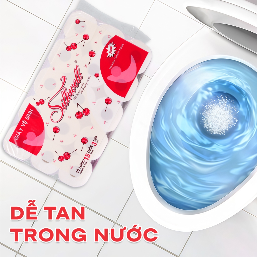 Giấy vệ sinh Silkwell Cherry 15 cuộn 3 lớp có lõi, chất giấy siêu dai, nềm mịn, an toàn tuyệt đối cho da