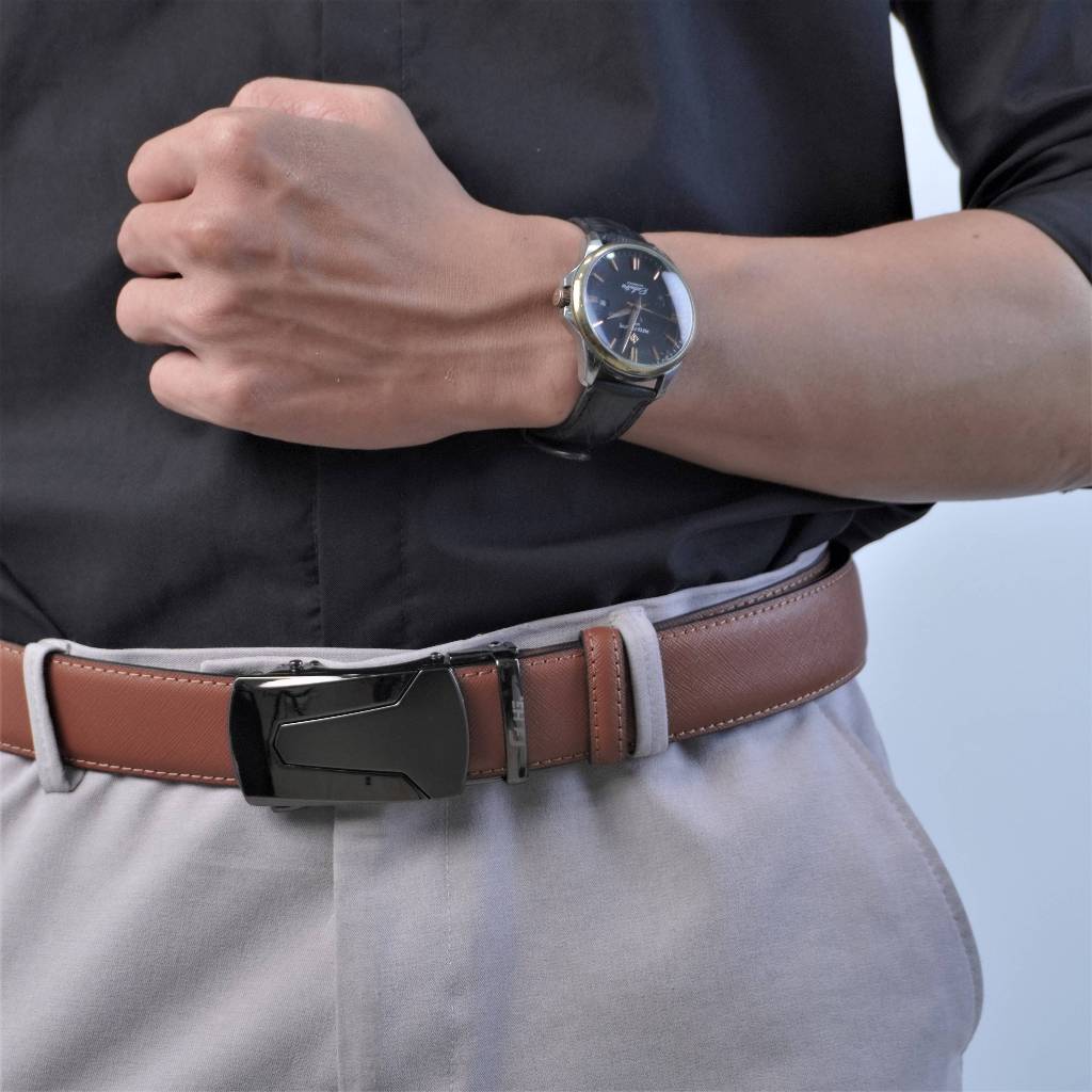 Thắt lưng nam da bò HG Fashion Saffiano 3 lớp khóa tự động màu bò cao cấp | TL25M11