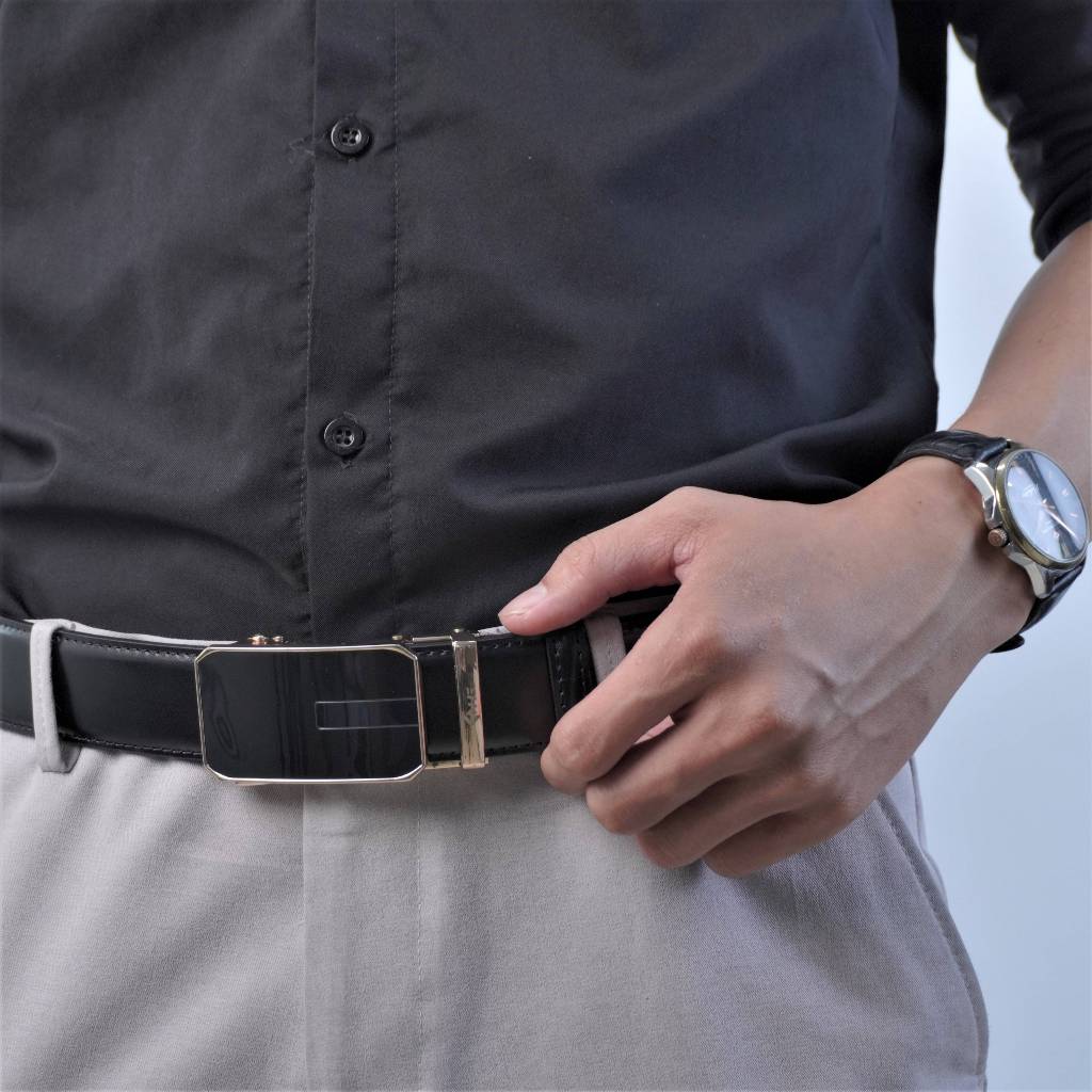 Thắt lưng nam da bò HG Fashion chân kim 3 lớp khóa tự động màu đen cao cấp | TL25M10