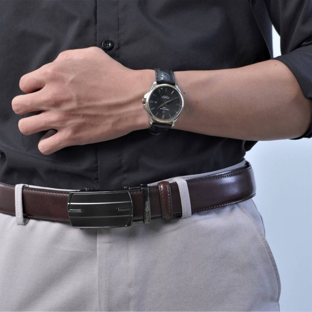 Thắt lưng nam da bò HG Fashion vân 3 lớp khóa tự động cao cấp màu nâu | TL25M07
