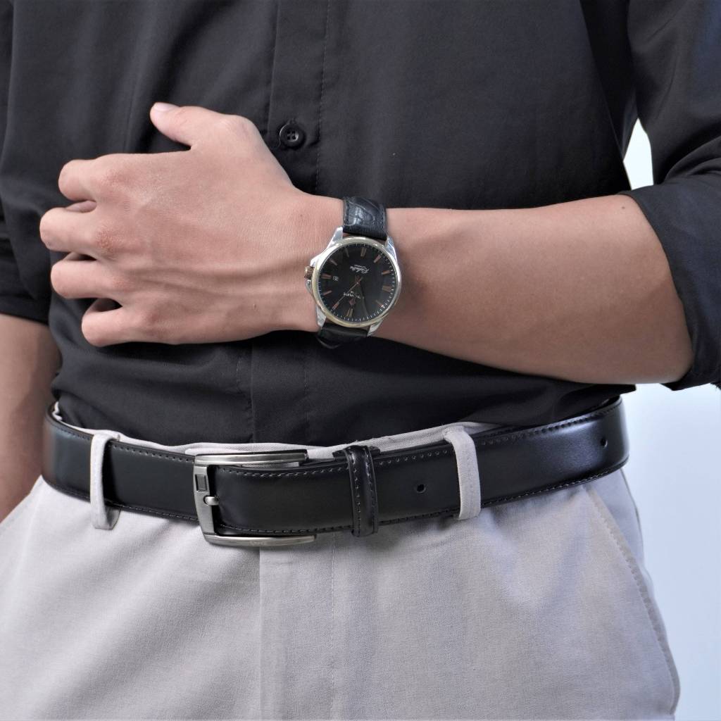 Thắt lưng nam da bò HG Fashion chân kim 3 lớp khóa kim cao cấp màu đen | TL25M06