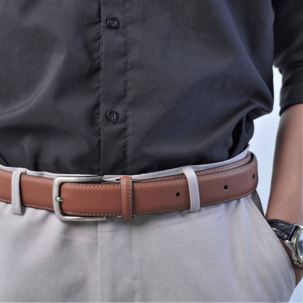 Thắt lưng nam da bò HG khóa kim vân Saffiano 3 lớp màu bò sáng TL25M04
