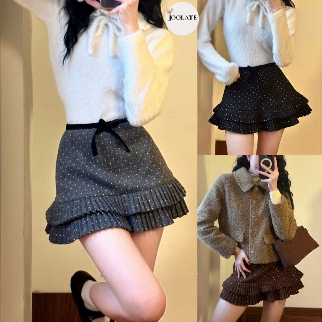 Chân Váy Chấm Bi Chất Dạ Xếp Ly Phối Nơ Nhung, Váy Dạ Nữ Thu Đông Ấm Áp Style Ngọt Ngào Joolate 518