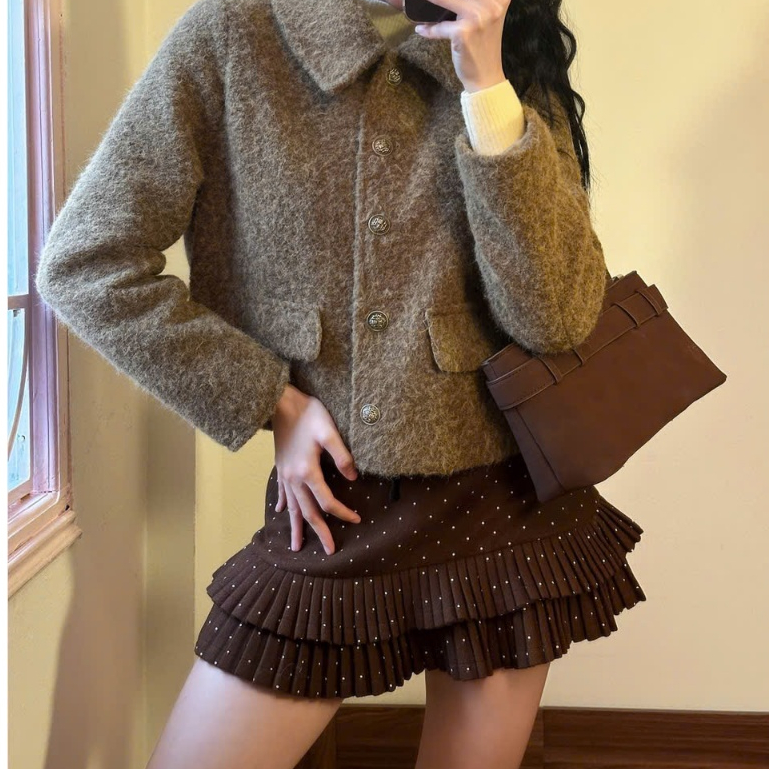 Chân Váy Chấm Bi Chất Dạ Xếp Ly Phối Nơ Nhung, Váy Dạ Nữ Thu Đông Ấm Áp Style Ngọt Ngào Joolate 518