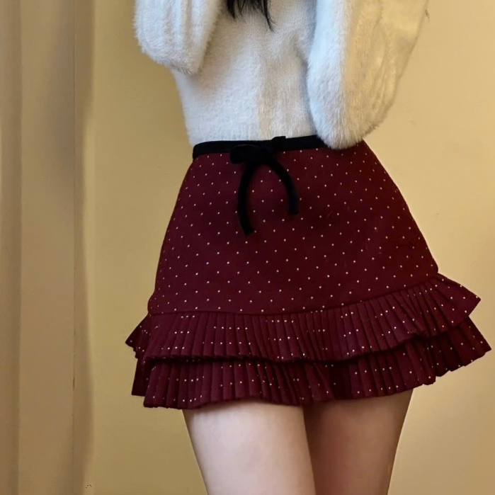 Chân Váy Chấm Bi Chất Dạ Xếp Ly Phối Nơ Nhung, Váy Dạ Nữ Thu Đông Ấm Áp Style Ngọt Ngào Joolate 518