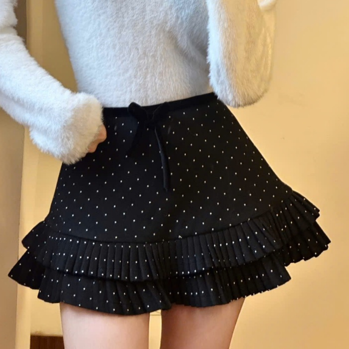 Chân Váy Chấm Bi Chất Dạ Xếp Ly Phối Nơ Nhung, Váy Dạ Nữ Thu Đông Ấm Áp Style Ngọt Ngào Joolate 518