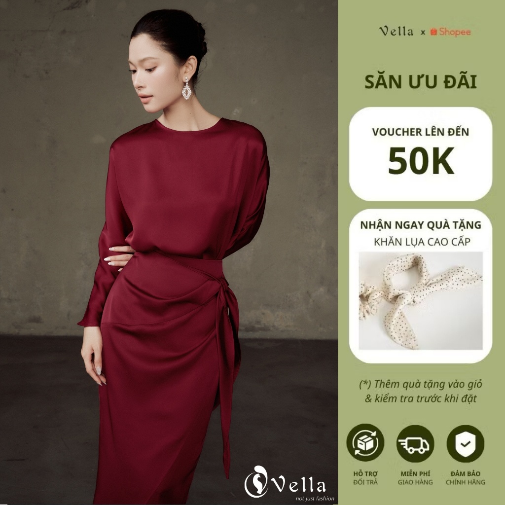 Áo sơ mi lụa màu đỏ đô tay cánh dơi dáng suông che bắp tay, dễ phối Vella VA25087