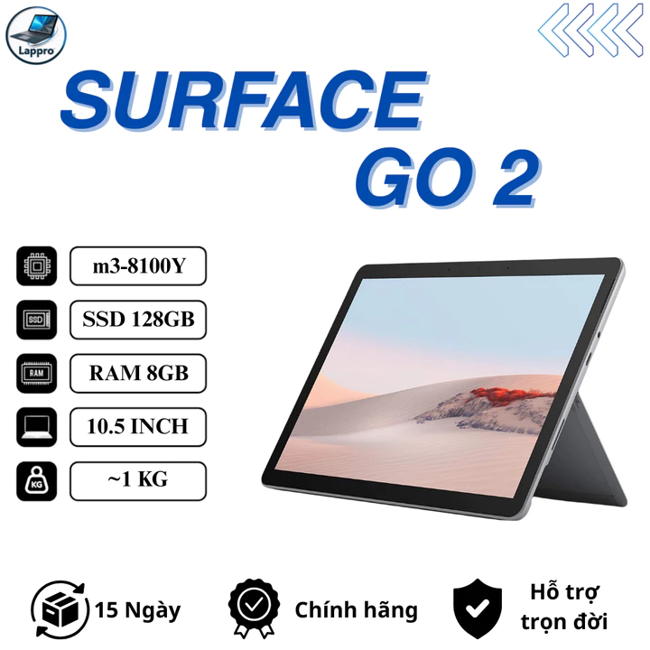Micorsoft Surface Go 2 - Core m3-8100Y l Ram 8GB l SSD 128GB - Tablet Laptop 2in1 Cảm Ứng - Tặng Kèm Túi Chống Sốc