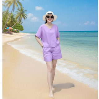 Bộ Đồ Thô Đũi Nữ Áo Cổ Tim Tay Ngắn Phối Quần Đùi Suông – Thô Đũi Mát Mẻ Thoáng Khí Co Giãn Nhẹ Đi Chơi Đi Biển (AT32)