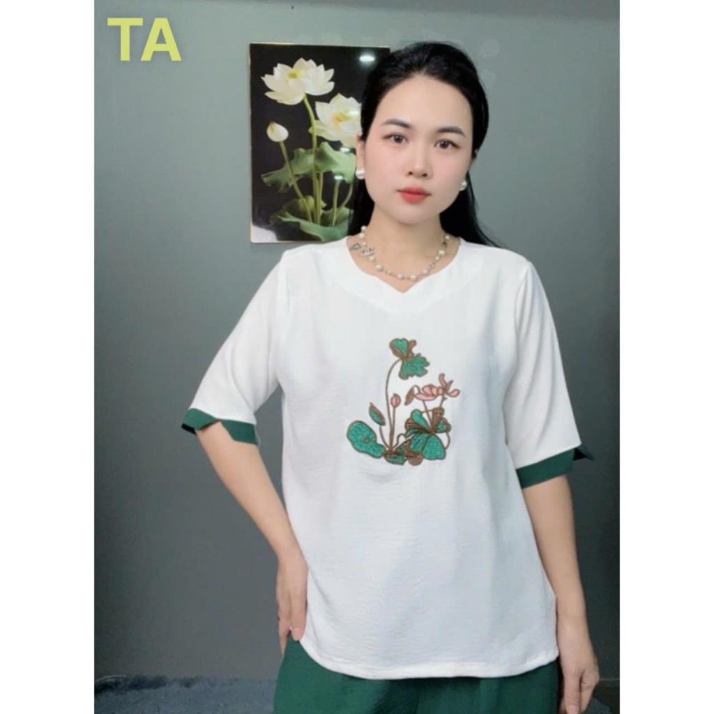 [TA] Đồ Bộ Trung Niên Cổ Tròn V Thêu Hoa Sen Tay Lửng Phối Màu Thiết Kế Cao Cấp, Mã TA-16 FREESHIP, Chất Vải Đũi Co Giãn