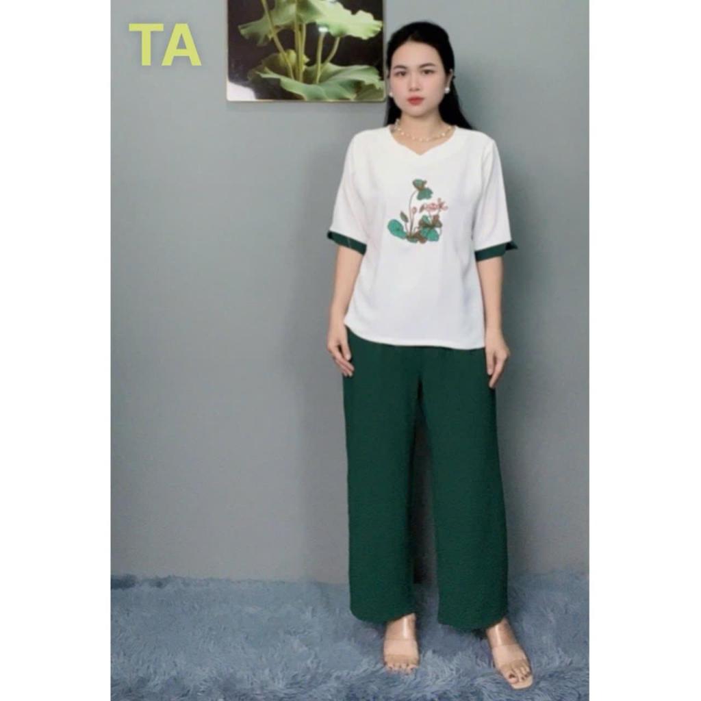 [TA] Đồ Bộ Trung Niên Cổ Tròn V Thêu Hoa Sen Tay Lửng Phối Màu Thiết Kế Cao Cấp, Mã TA-16 FREESHIP, Chất Vải Đũi Co Giãn