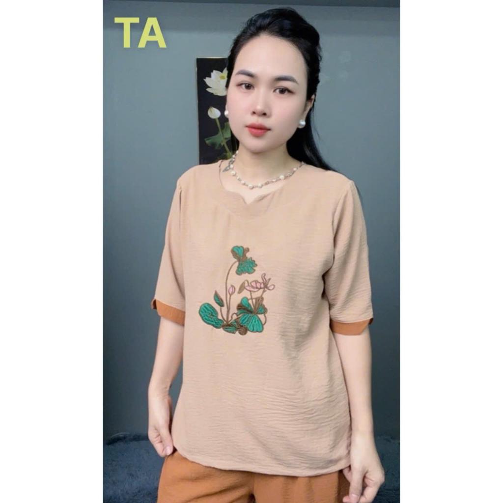 [TA] Đồ Bộ Trung Niên Cổ Tròn V Thêu Hoa Sen Tay Lửng Phối Màu Thiết Kế Cao Cấp, Mã TA-16 FREESHIP, Chất Vải Đũi Co Giãn