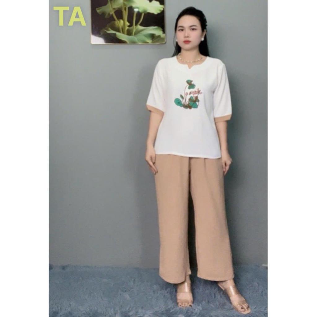 [TA] Đồ Bộ Trung Niên Cổ Tròn V Thêu Hoa Sen Tay Lửng Phối Màu Thiết Kế Cao Cấp, Mã TA-16 FREESHIP, Chất Vải Đũi Co Giãn