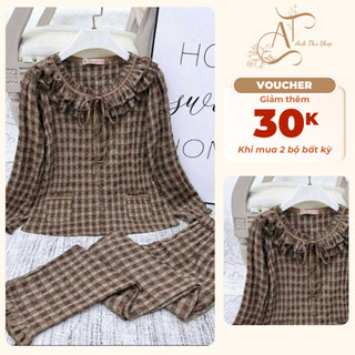 Set Pijama Thu Đông Nữ – Đồ Ngủ Kẻ Caro Dài Tay, Chất Mềm Ấm Mặc Nhà Thoải Mái XInh Xắn Dễ Thương - Anh Thư Shop (AT11)