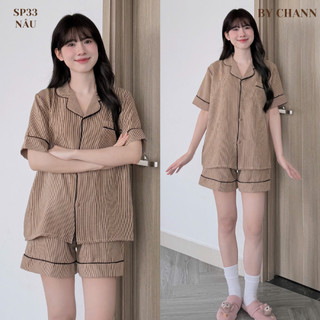 Bộ Ngủ BY CHANN (SP33) áo cộc quần cộc họa tiết kẻ sọc chất liệu đũi mềm có bigsize đến 80kg