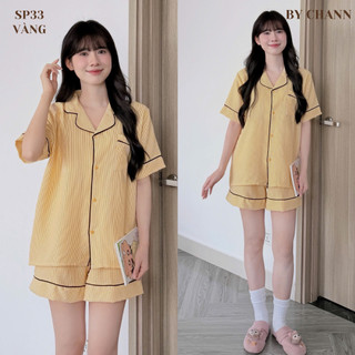 Bộ Ngủ BY CHANN (SP33) áo cộc quần cộc họa tiết kẻ sọc chất liệu đũi mềm có bigsize đến 80kg