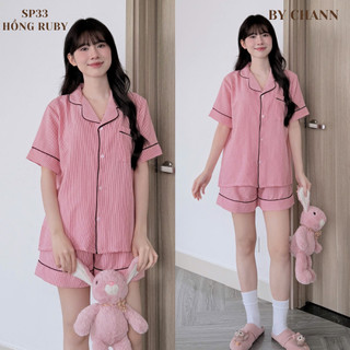 Bộ Ngủ BY CHANN (SP33) áo cộc quần cộc họa tiết kẻ sọc chất liệu đũi mềm có bigsize đến 80kg