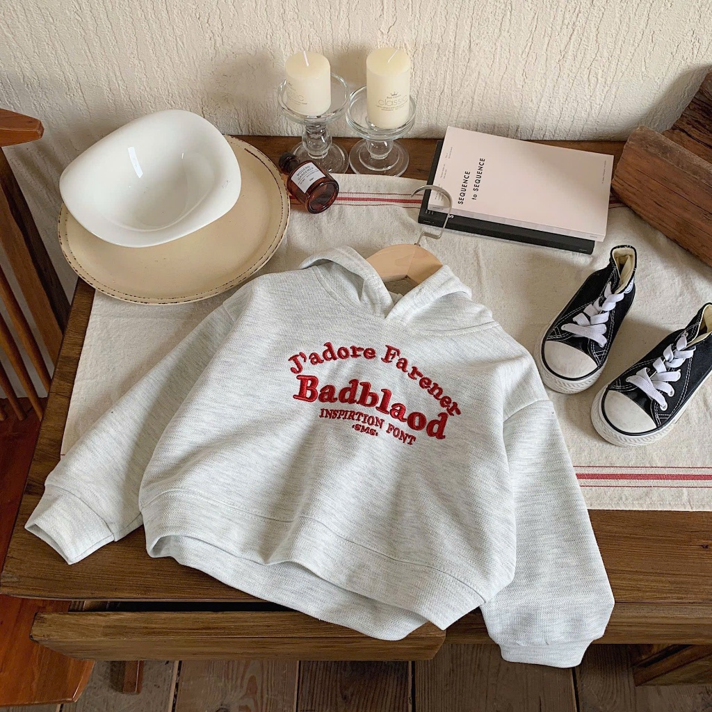 [sz15-58kg] Áo nỉ hoodie bé trai bé gái thêu chữ có mũ