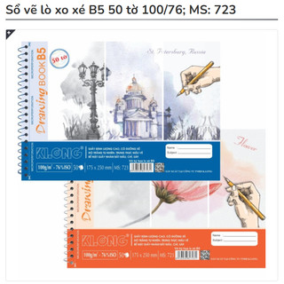 KLONG - Sổ Vẽ 50 Tờ Gáy Lò Xo Đơn B5 (175 x 250) mm 100/76; MS: 723 ♥ Vở Vẽ Học Sinh Giấy Sần Nhẹ