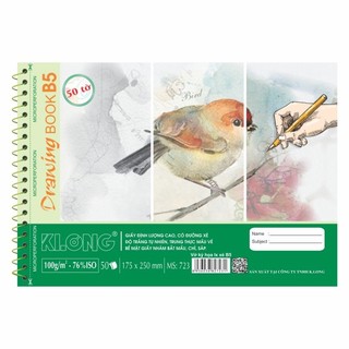 KLONG - Sổ Vẽ 50 Tờ Gáy Lò Xo Đơn B5 (175 x 250) mm 100/76; MS: 723 ♥ Vở Vẽ Học Sinh Giấy Sần Nhẹ