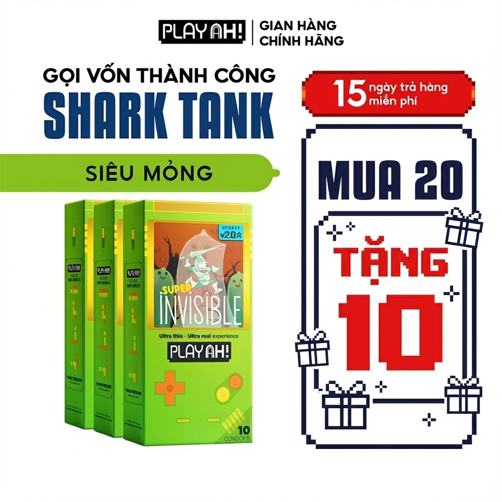 Bao Cao Su PlayAh Super Invisible Siêu Mỏng/ Nhiều Gel/ Kéo Dài Thời Gian/ Có Gai Hộp 10 size 52mm