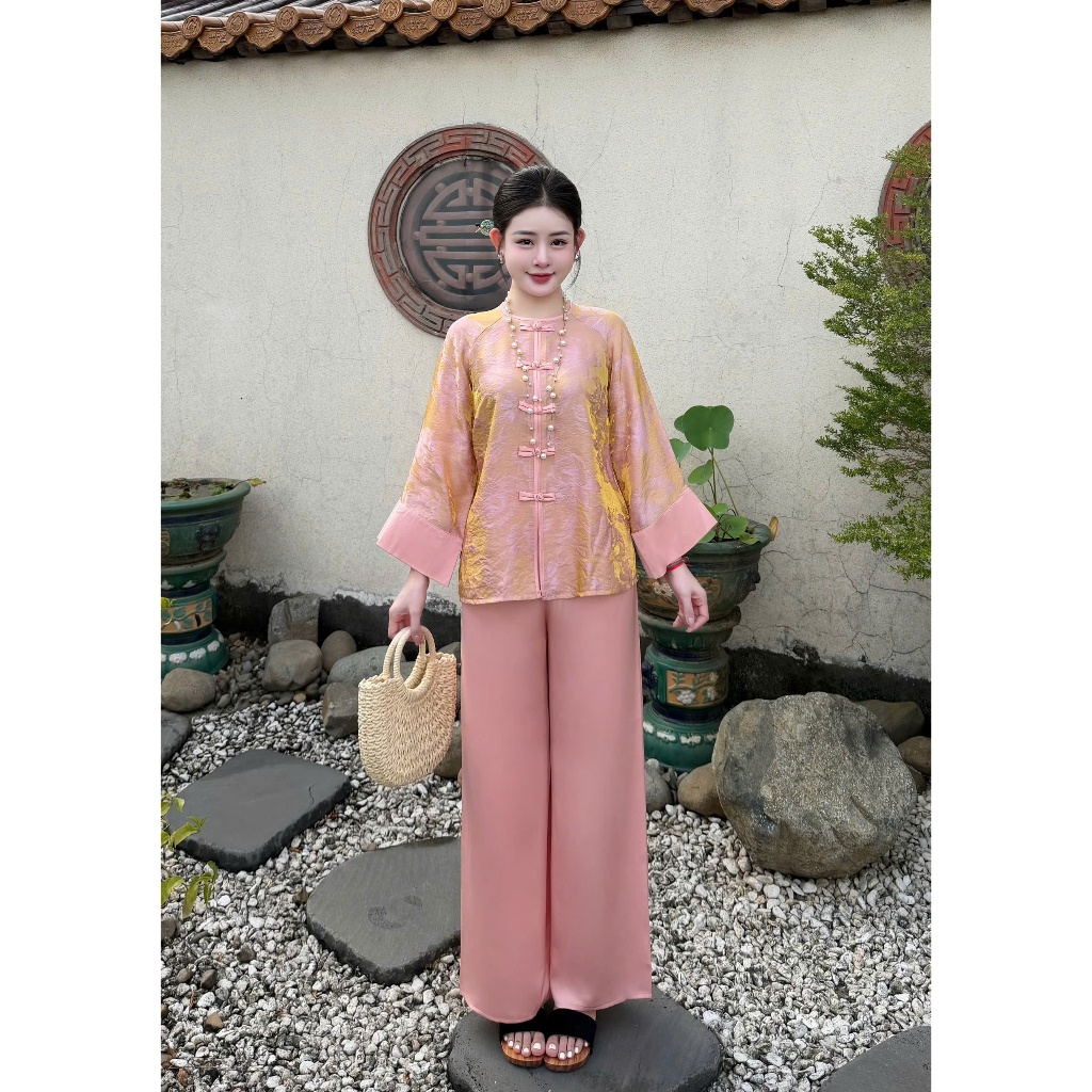 Pháp phục đi chùa cách tân cổ tròn khuy tết tằm Tency Set đồ bộ đi lễ cách tân dài tay lụa gấm mềm mịn-NHA