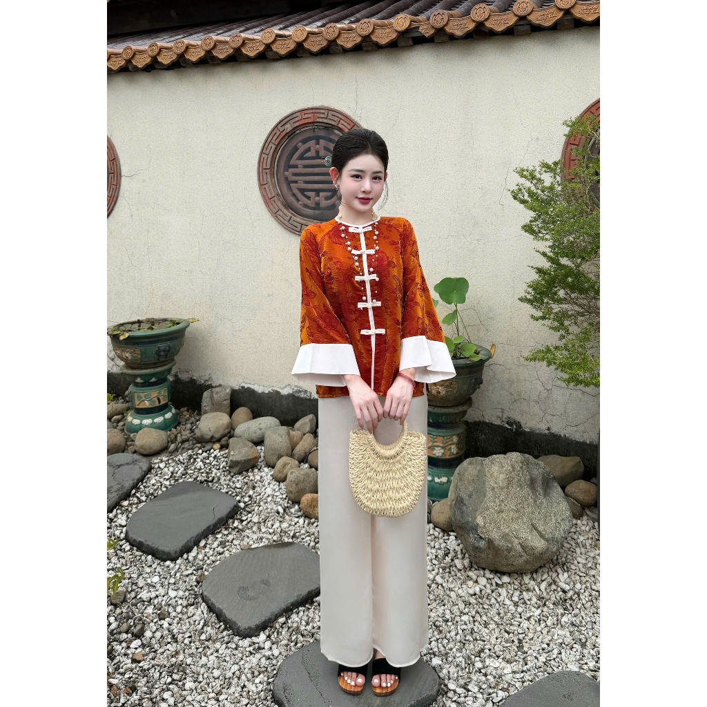 Pháp phục đi chùa cách tân cổ tròn khuy tết tằm Tency Set đồ bộ đi lễ cách tân dài tay lụa gấm mềm mịn-NHA