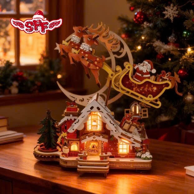 Đồ Chơi Lắp Ráp Mô Hình Gỗ 3D Hộp Nhạc Ngôi Nhà Giáng Sinh STEAM Ngôi Nhà Noel
