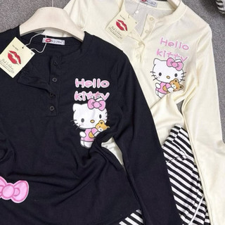 Set bộ áo bbt dài tay cúc ngực in hình kitty ôm gấu + nơ mux quần xuông kẻ sọc ngang