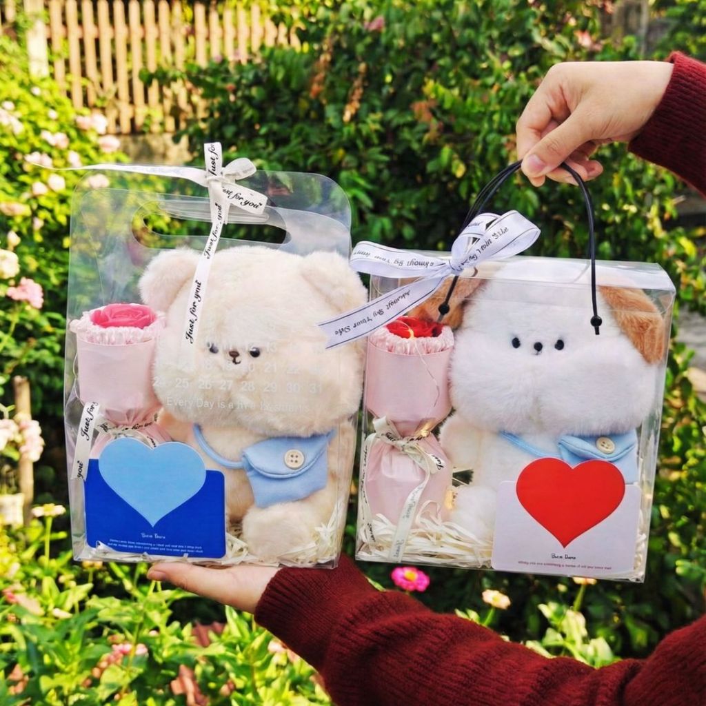 Hộp Set Quà Tặng Sinh Nhật Gấu Bông Hình Con Vật Kèm Bó Hoa,Đèn Led,Thiệp Quà Tặng Cho Bé,Bạn Gái/Trai