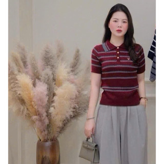 LT - Áo len nữ cổ bẻ kẻ ngang, len tăm nữ cộc tay dệt kim len cổ đức free size 1504