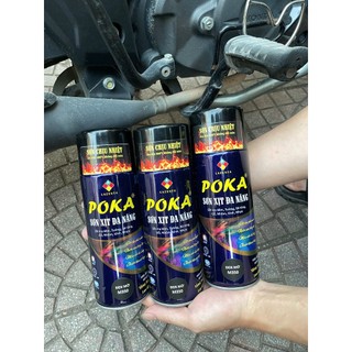 Sơn Chịu Nhiệt 600°C Poka 420ml Màu Đen Mờ, Màu Bạc - Sơn Chịu Nhiệt, Chống Cháy Cho Pô Xe Máy, Ô Tô, Máy Móc